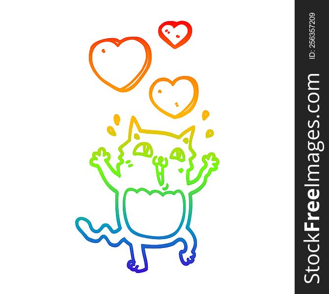 rainbow gradient line drawing of a cartoon cat crazy in love