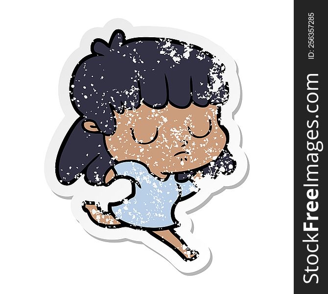 Distressed Sticker Of A Cartoon Indifferent Woman Running