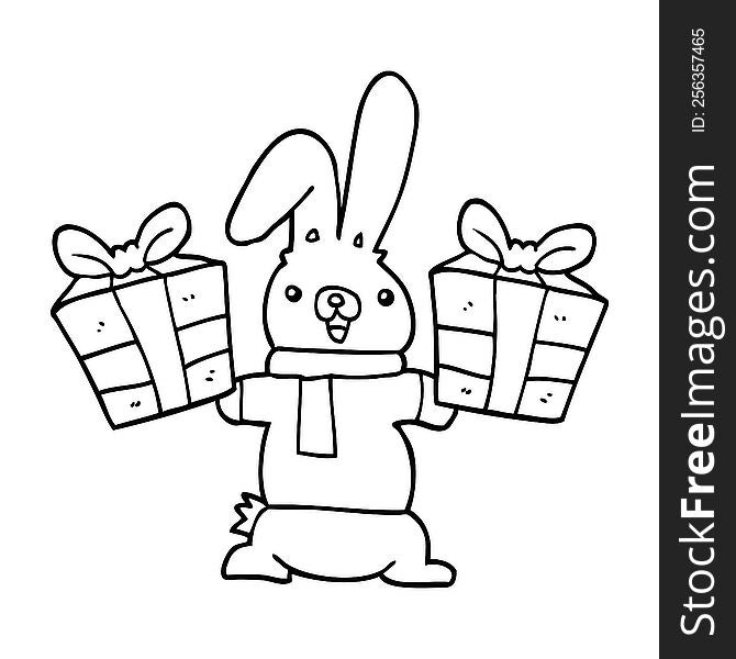 cartoon rabbit with christmas presents