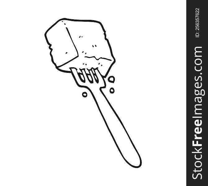 freehand drawn black and white cartoon tofu on fork