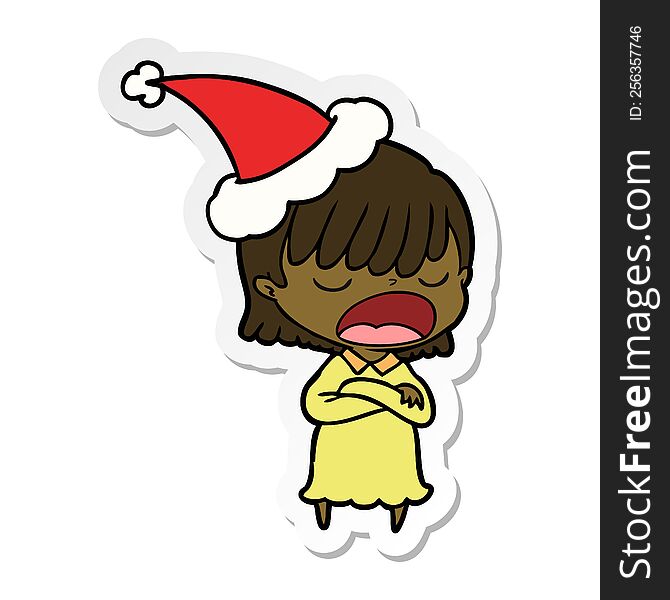 hand drawn sticker cartoon of a woman talking loudly wearing santa hat