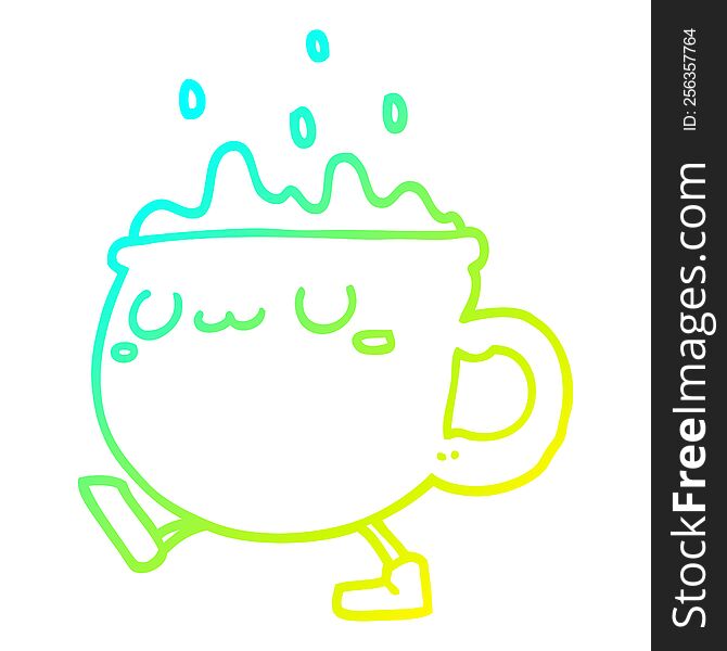 cold gradient line drawing of a cartoon coffee cup walking