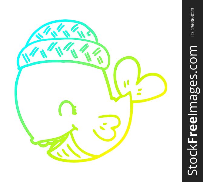 Cold Gradient Line Drawing Cartoon Whale Wearing Hat