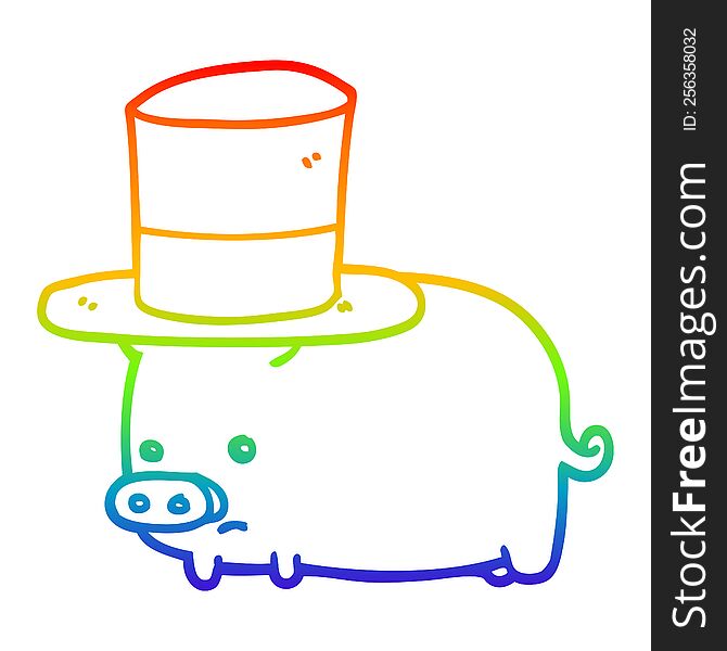 rainbow gradient line drawing of a cartoon pig wearing top hat