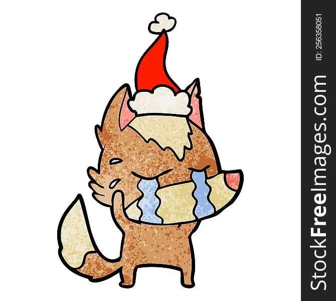 Textured Cartoon Of A Crying Wolf Wearing Santa Hat