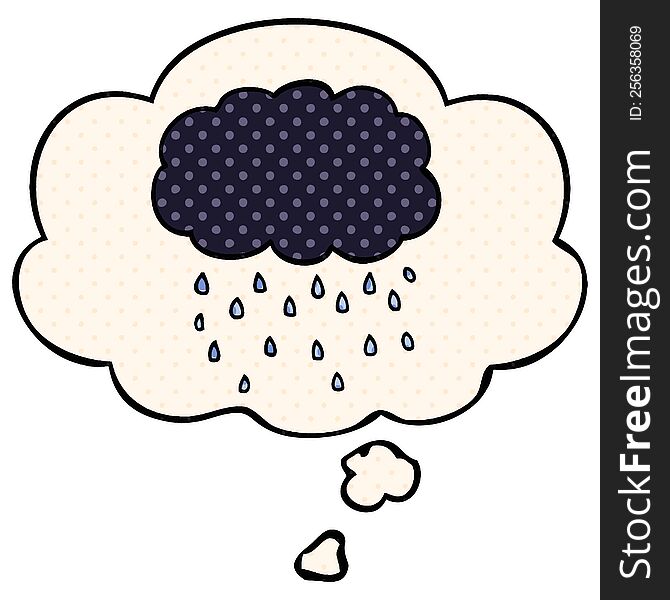 Cartoon Cloud Raining And Thought Bubble In Comic Book Style