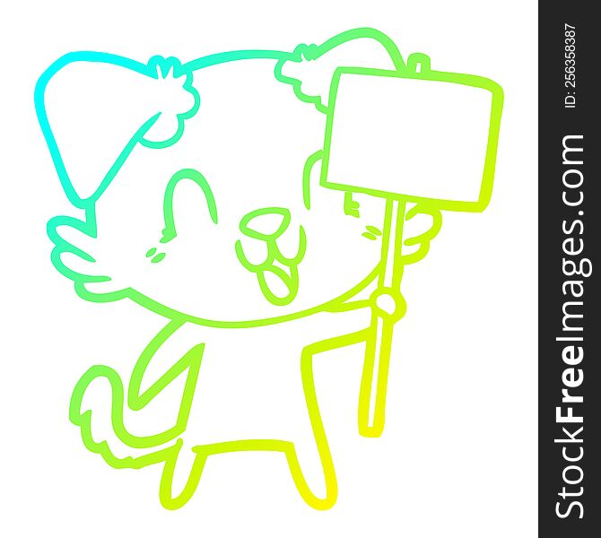 cold gradient line drawing of a laughing cartoon dog with sign