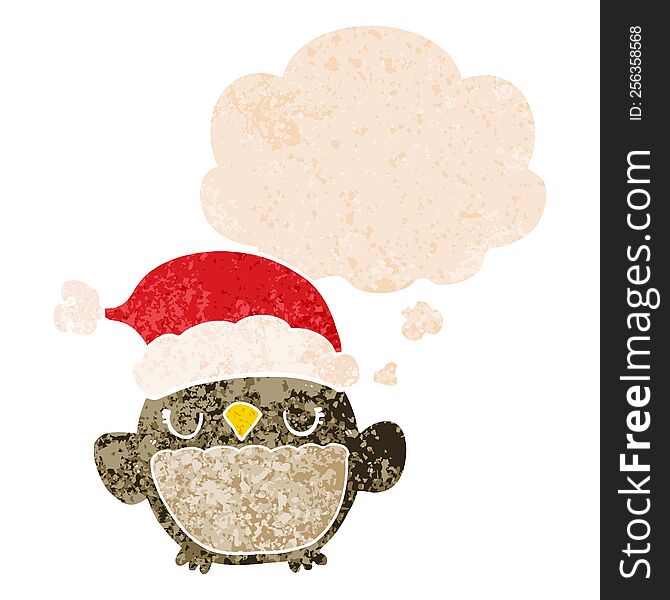 Cute Christmas Owl And Thought Bubble In Retro Textured Style
