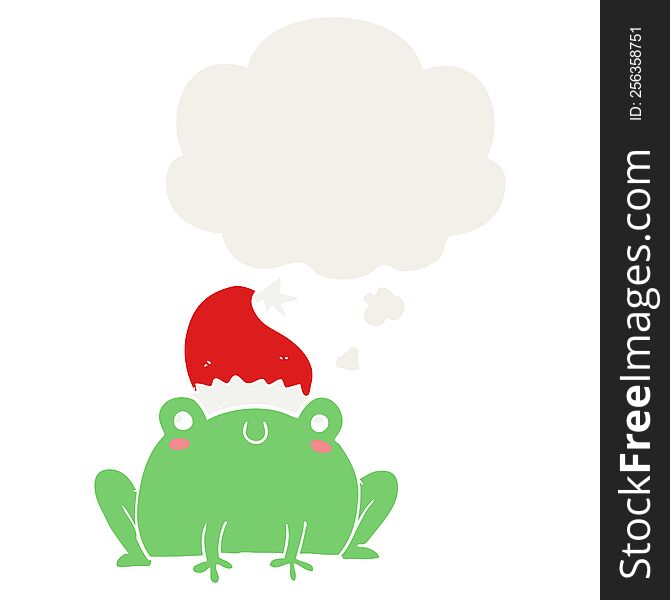 cute cartoon christmas frog with thought bubble in retro style