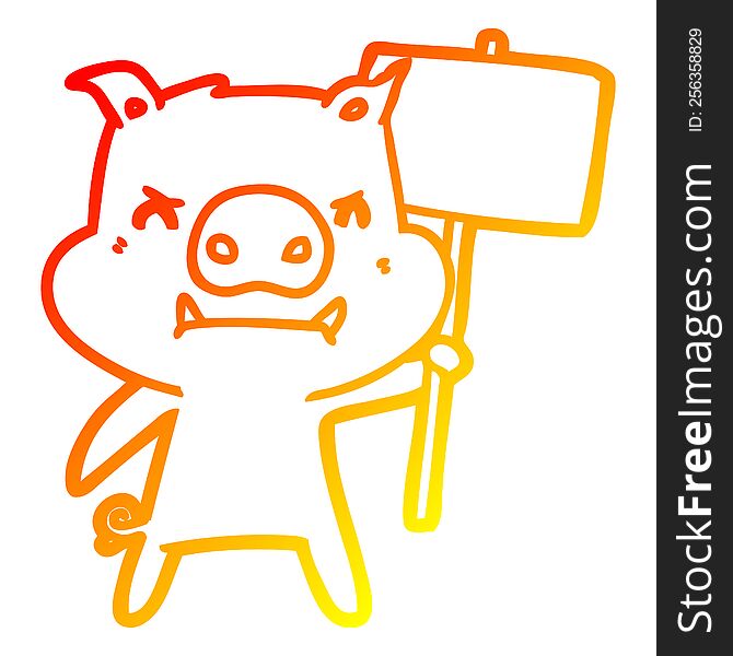 Warm Gradient Line Drawing Angry Cartoon Pig Protesting