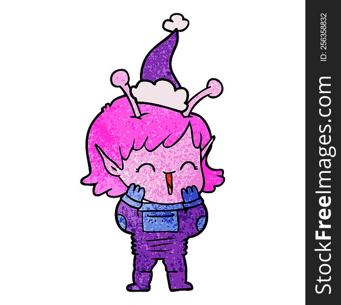 hand drawn textured cartoon of a alien girl giggling wearing santa hat