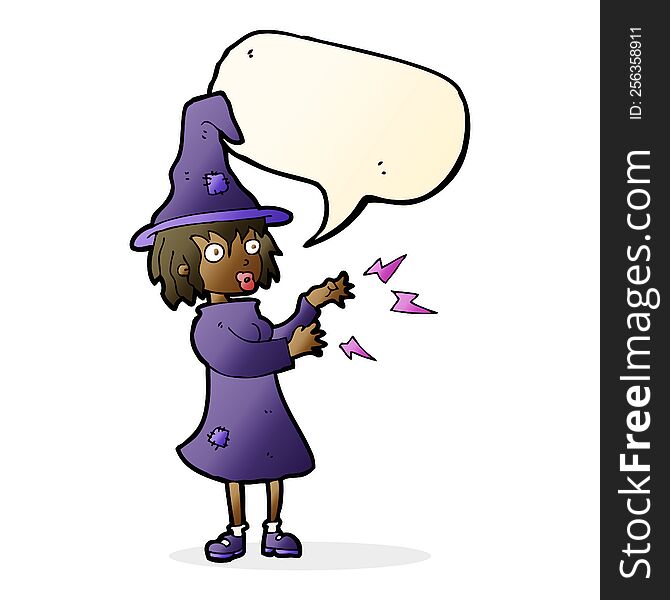 Cartoon Witch Casting Spell With Speech Bubble