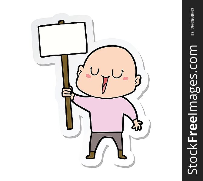 sticker of a happy cartoon bald man with sign