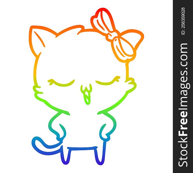 rainbow gradient line drawing cartoon cat with bow on head and hands on hips