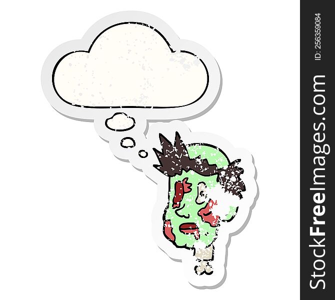 Cartoon Zombie Head And Thought Bubble As A Distressed Worn Sticker