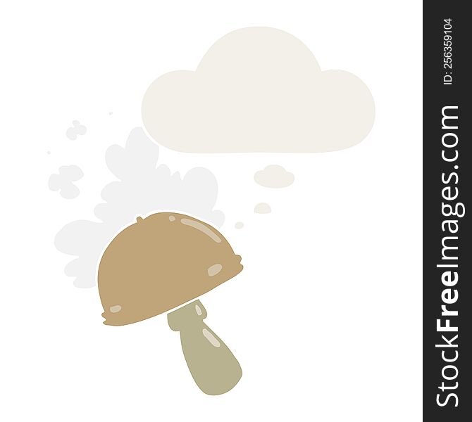 Cartoon Mushroom With Spore Cloud And Thought Bubble In Retro Style