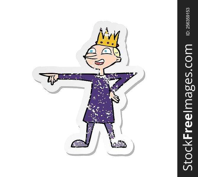 retro distressed sticker of a cartoon pointing prince