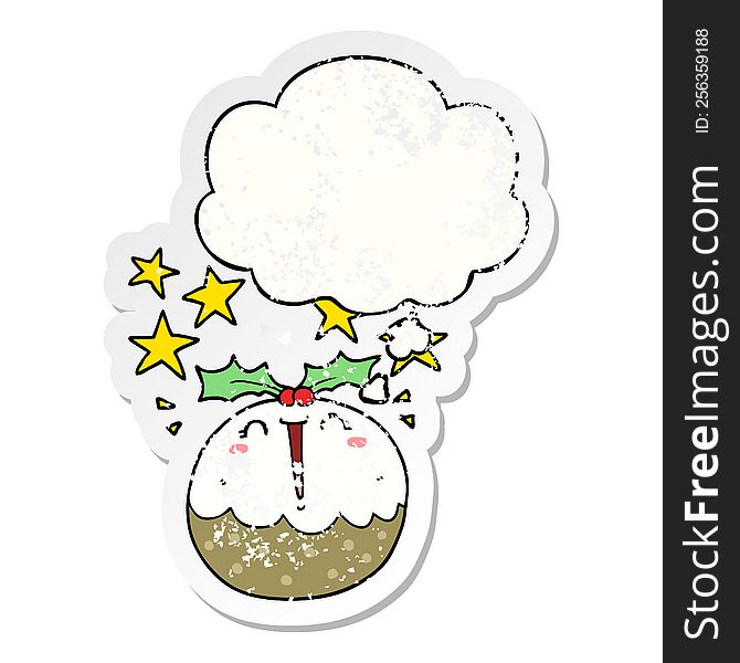 Cute Cartoon Happy Christmas Pudding And Thought Bubble As A Distressed Worn Sticker