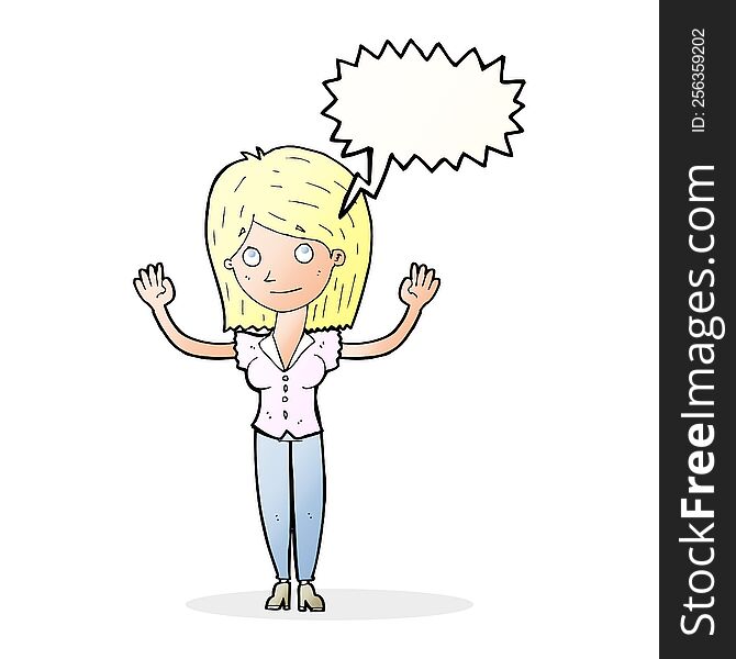 Cartoon Woman Holding Up Hands With Speech Bubble