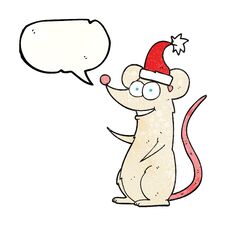 Speech Bubble Textured Cartoon Mouse Wearing Christmas Hat Stock Photo