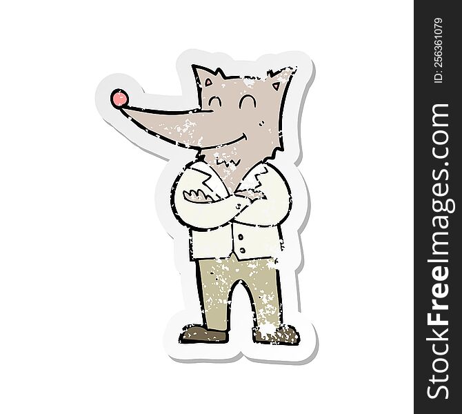 retro distressed sticker of a cartoon wolf in shirt