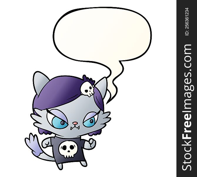 cute cartoon tough cat girl with speech bubble in smooth gradient style
