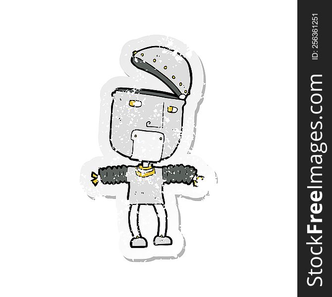 Retro Distressed Sticker Of A Funny Cartoon Robot With Open Head