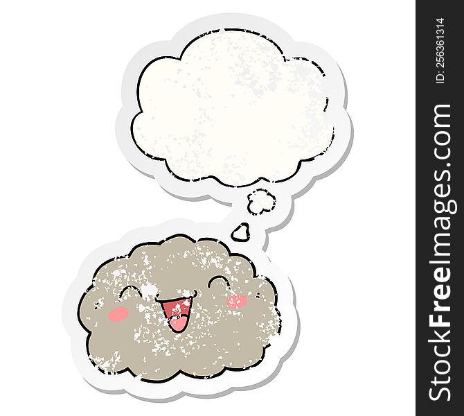 Happy Cartoon Cloud And Thought Bubble As A Distressed Worn Sticker