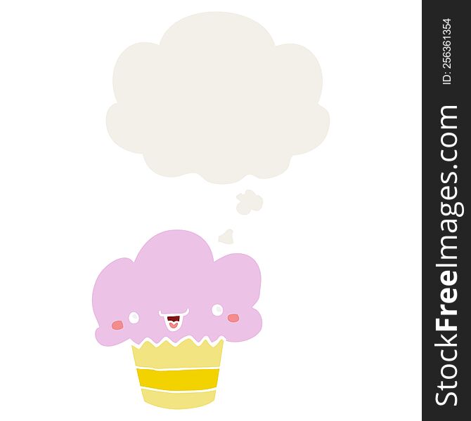 Cartoon Cupcake With Face And Thought Bubble In Retro Style