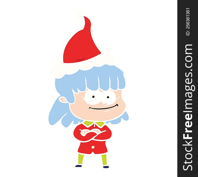 hand drawn flat color illustration of a smiling woman wearing santa hat