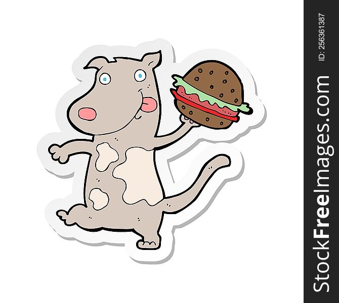 sticker of a cartoon hungry dog with burger