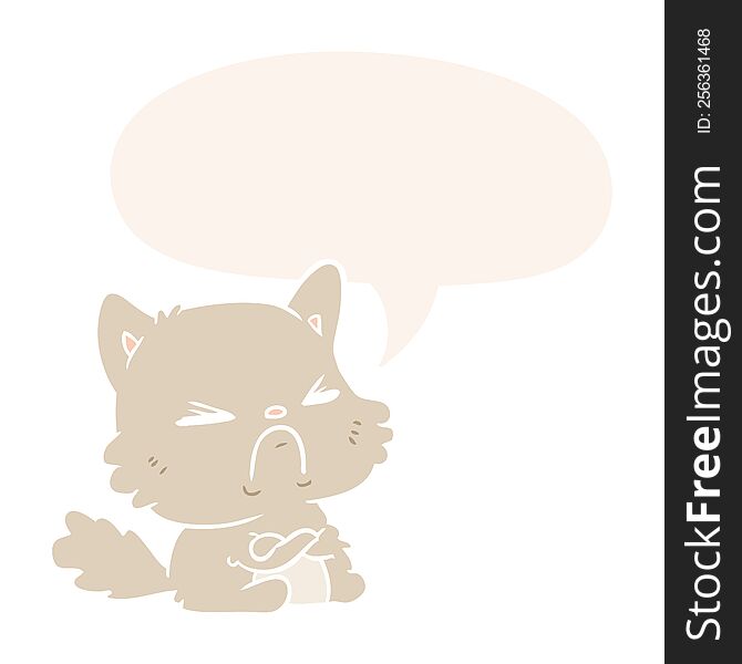 cute cartoon angry cat with speech bubble in retro style