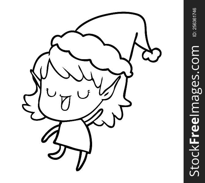 hand drawn line drawing of a elf girl wearing santa hat