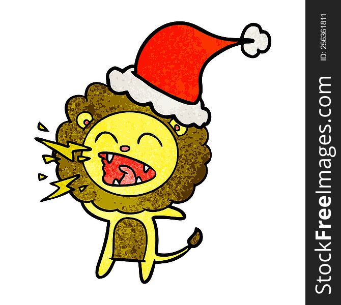 hand drawn textured cartoon of a roaring lion wearing santa hat