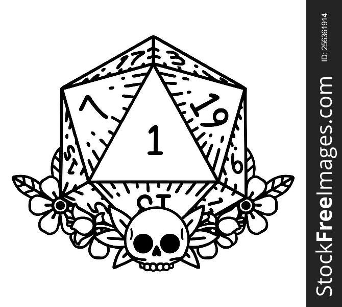 Black and White Tattoo linework Style natural one dice roll with floral elements. Black and White Tattoo linework Style natural one dice roll with floral elements