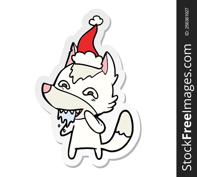 Sticker Cartoon Of A Hungry Wolf Wearing Santa Hat