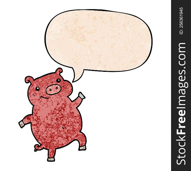 Cartoon Dancing Pig And Speech Bubble In Retro Texture Style