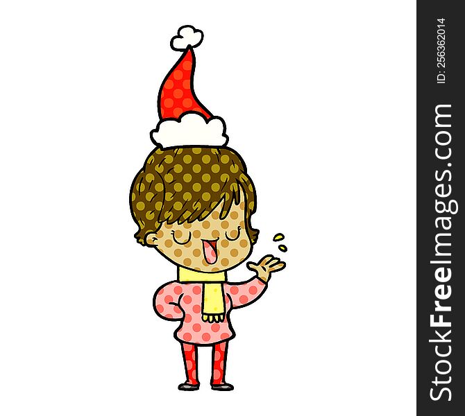 Comic Book Style Illustration Of A Woman Talking Wearing Santa Hat