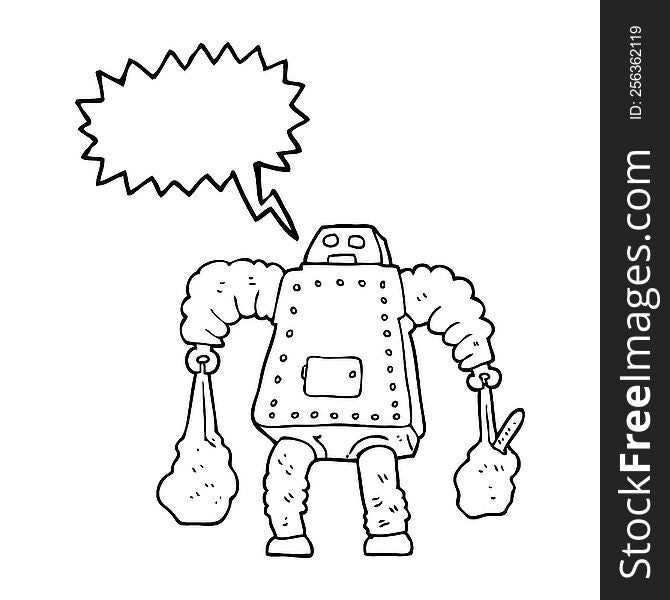 freehand drawn speech bubble cartoon robot carrying shopping