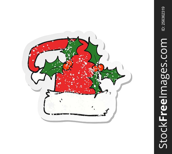 retro distressed sticker of a cartoon christmas holly hat