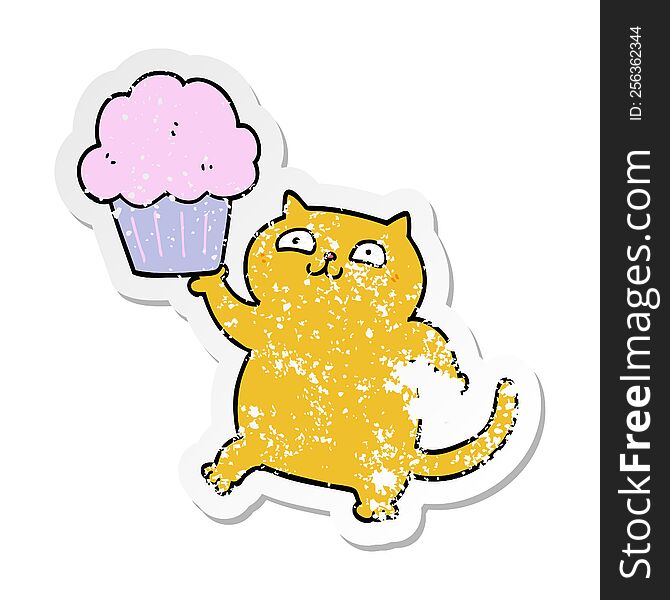 Distressed Sticker Of A Cartoon Cat With Cupcake