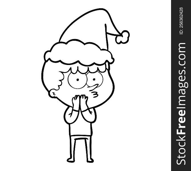 Line Drawing Of A Curious Boy Wearing Santa Hat