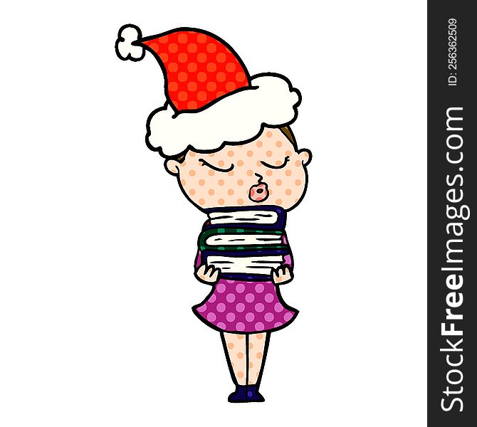hand drawn comic book style illustration of a calm woman wearing santa hat