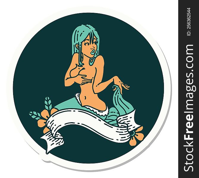 sticker of tattoo in traditional style of a pinup mermaid with banner. sticker of tattoo in traditional style of a pinup mermaid with banner