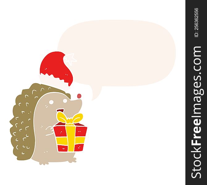 Cartoon Hedgehog Wearing Christmas Hat And Speech Bubble In Retro Style