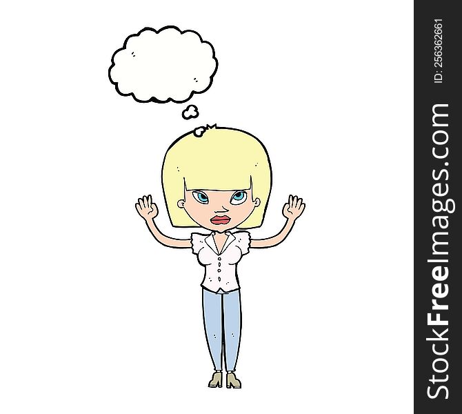 cartoon woman with raised hands with thought bubble