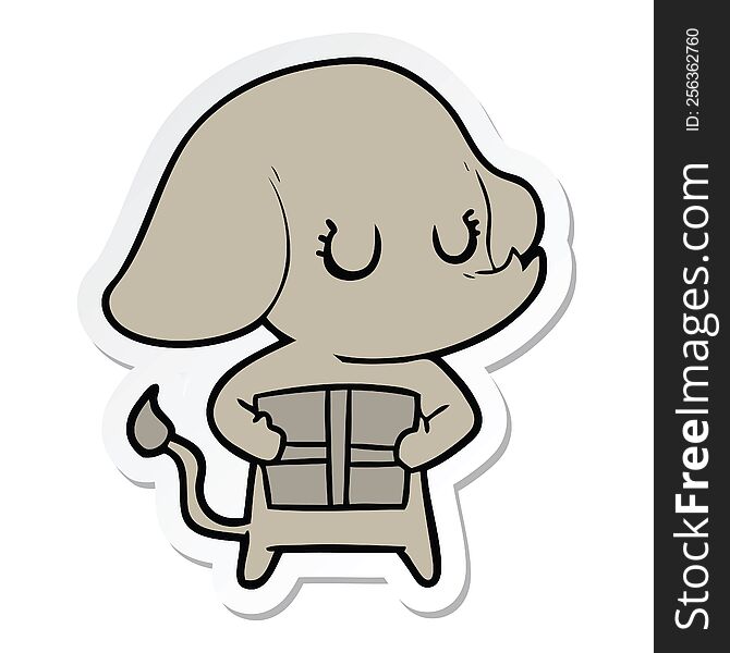 Sticker Of A Cute Cartoon Elephant With Gift