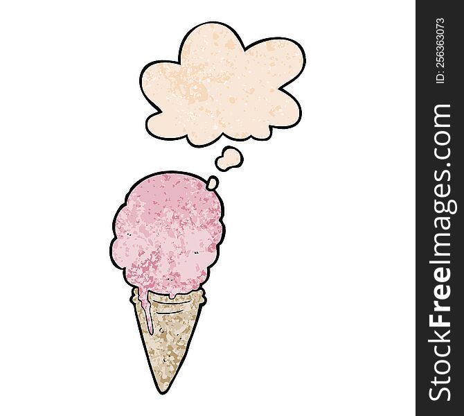 cartoon ice cream and thought bubble in grunge texture pattern style