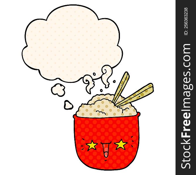 cartoon rice bowl with face and thought bubble in comic book style