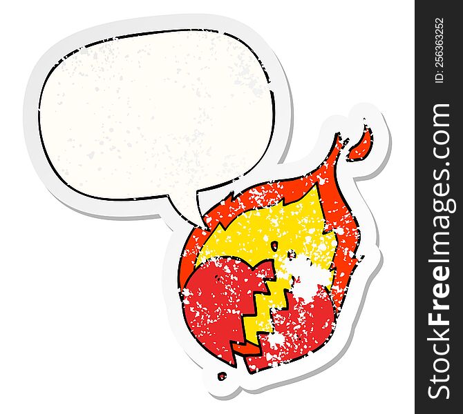 cartoon flaming heart and speech bubble distressed sticker